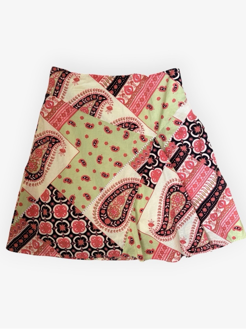 A. Byer Y2K Pink Green Patchwork Paisley Print Cotton Mini Skirt Boho Size 11